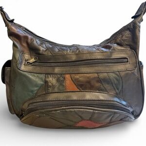 Vintage Patchwork Leather Shoulder Bag Boho Slouchy Crossbody